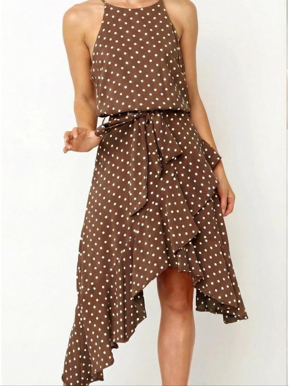 Polka Dot High-Low Dress in Brown